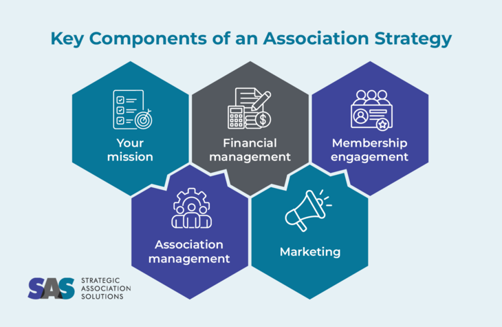 Infographic showing components of an association strategy, as explained in the text below.