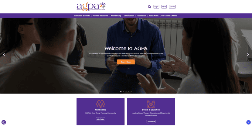 Screenshot of American Group Psychotherapy Association (AGPA)’s homepage