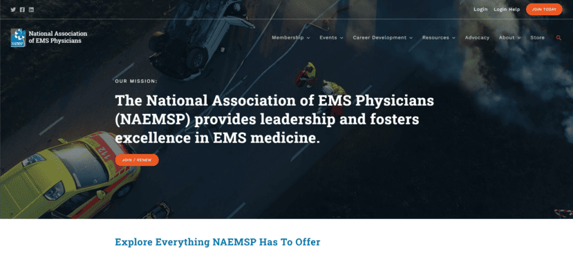 Screenshot of National Association of EMS Physicians (NAEMSP)’s homepage