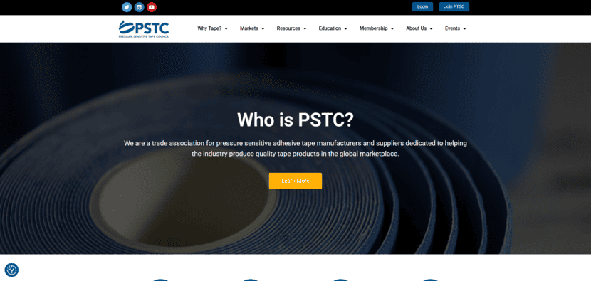 Screenshot of Pressure Sensitive Tape Council (PSTC)’s homepage